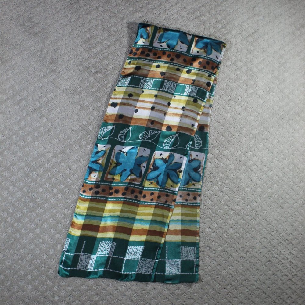 Green, Brown & Silver Patterned Silky Scarf